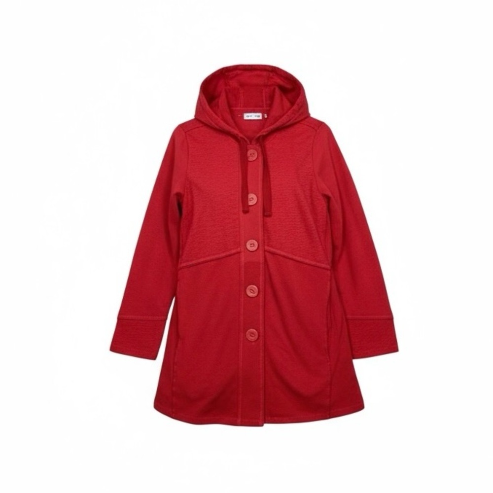 *Habitat Button Front Hooded Lightweight Jacket Womens M Red Deconstructed Seams